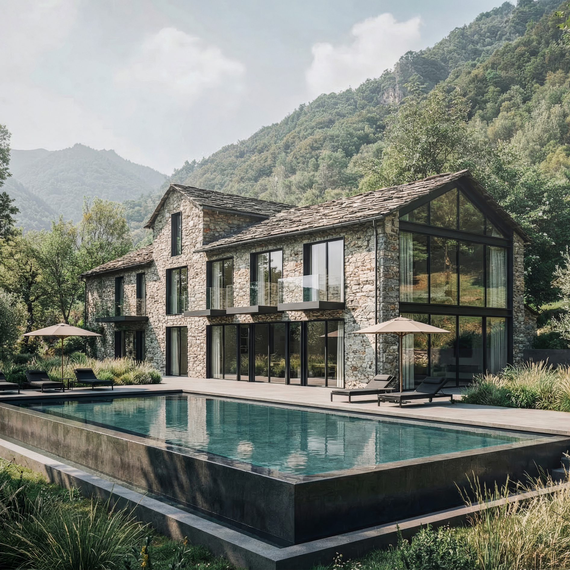 Contemporary stone house with large glass façade and infinity pool in a mountain landscape in Northern Italy Casa in pietra contemporanea con grande facciata vetrata e piscina a sfioro nel paesaggio montano del Nord Italia