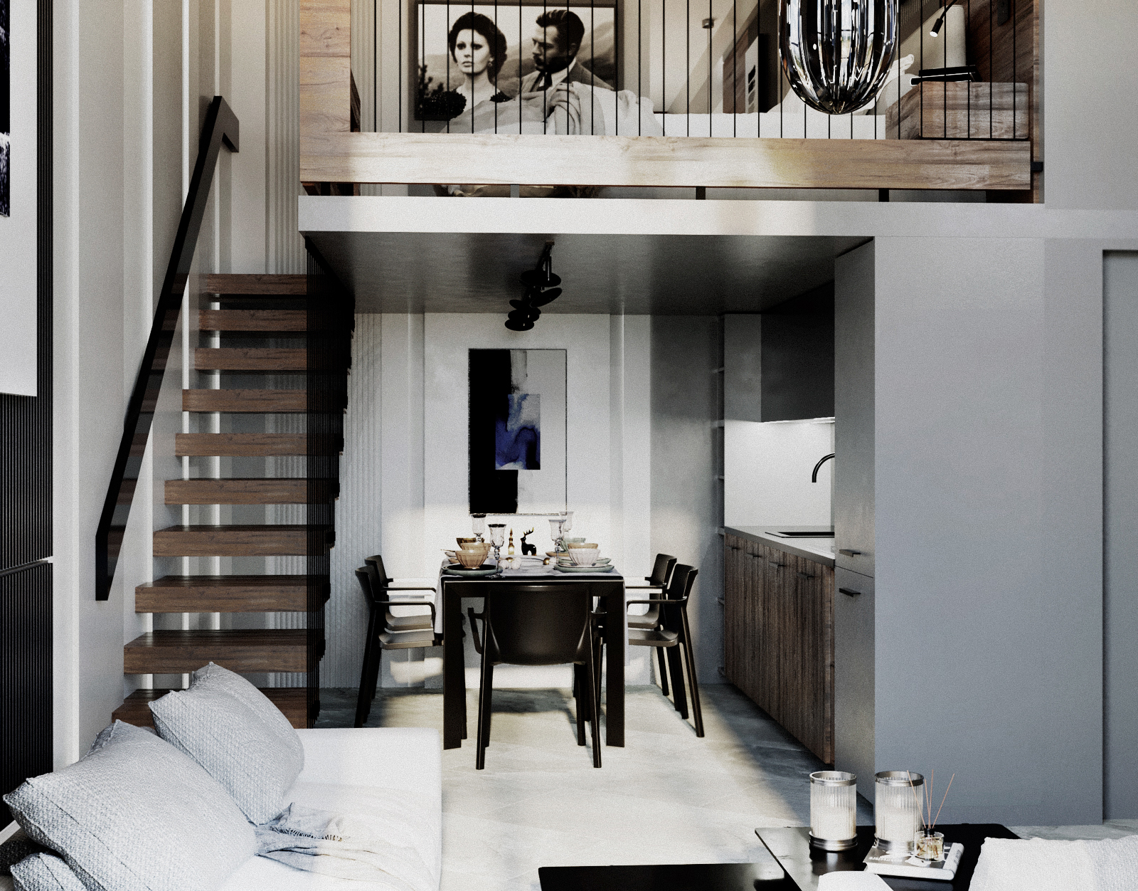 Living area with kitchen and mezzanine connection. Zona giorno con cucina e collegamento al soppalco.
