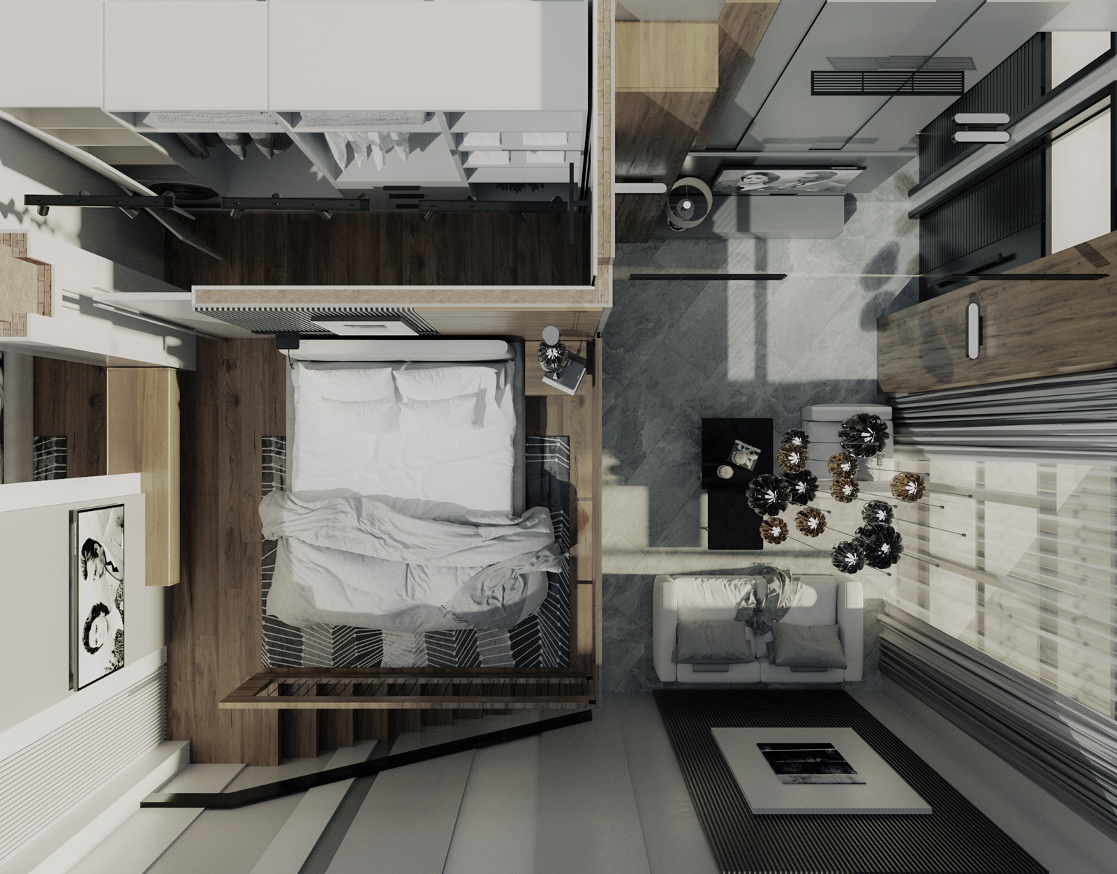down spatial layout of compact urban apartment showing bedroom, living area, staircase, wardrobe integration and material zoning