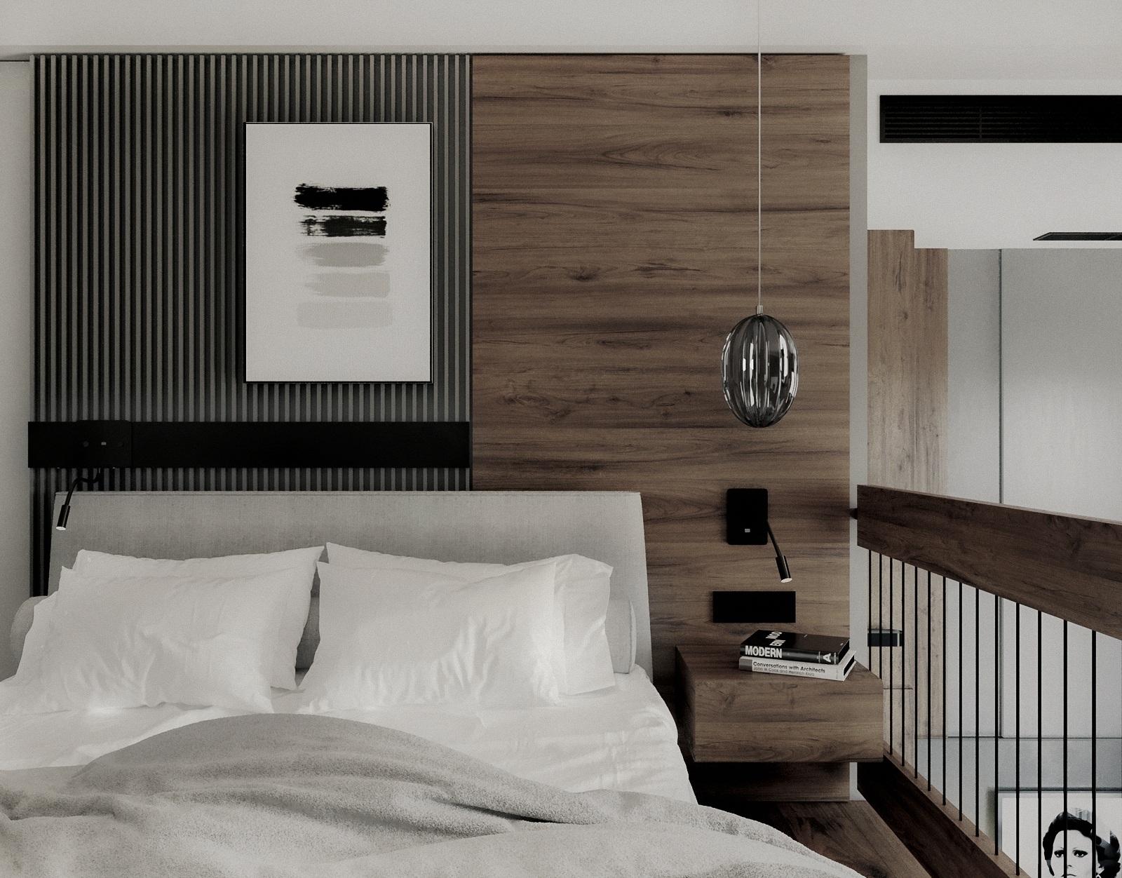 Integrated headboard Bedroom. Pannelli in legno e testiera integrata camera da letto.
