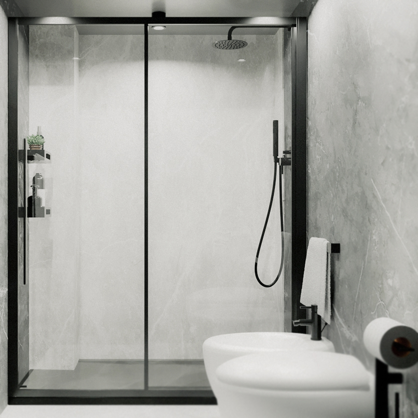 Bathroom with walk-in shower and stone surfaces. Bagno con doccia walk-in e superfici in pietra.
