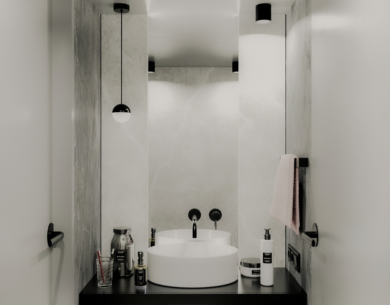 Bathroom vanity with integrated basin. Mobile lavabo con lavabo integrato.