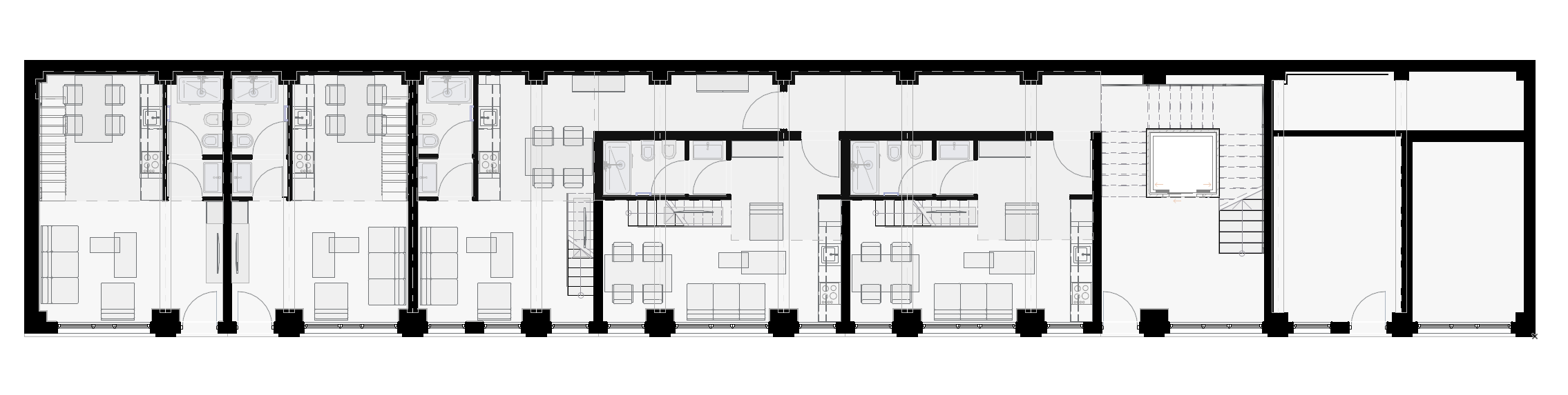 Ground floor plan of residential conversion with duplex apartments and courtyard gallery access in Milan. Planimetria del piano terra della riconversione residenziale con appartamenti duplex e accesso da galleria interna.