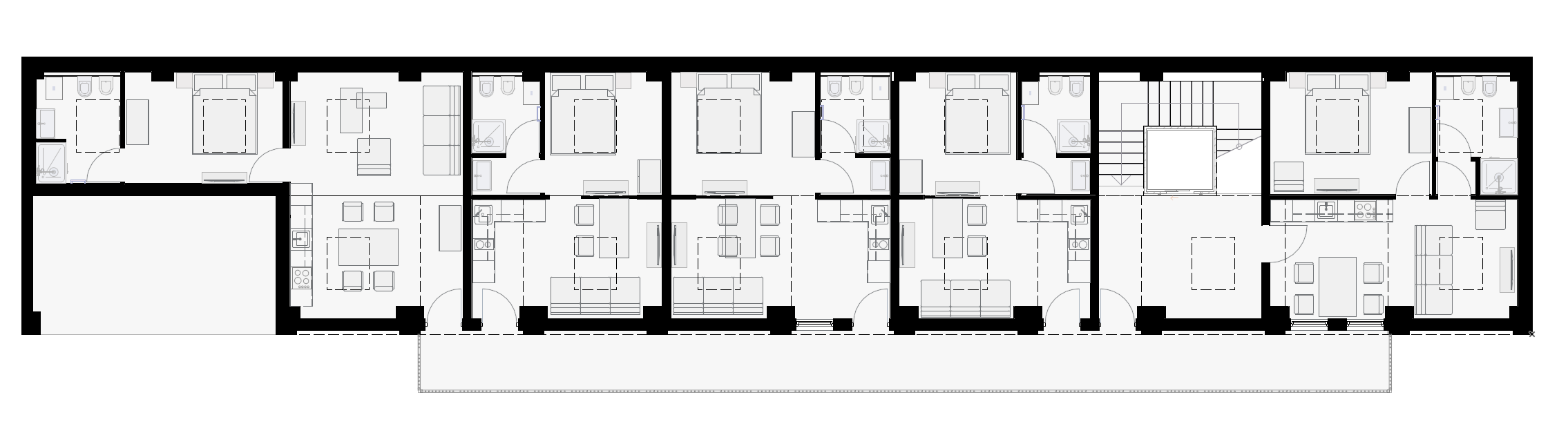 Attic floor plan of residential conversion under pitched roof. Planimetria del piano mansardato della riconversione residenziale sotto copertura inclinata.