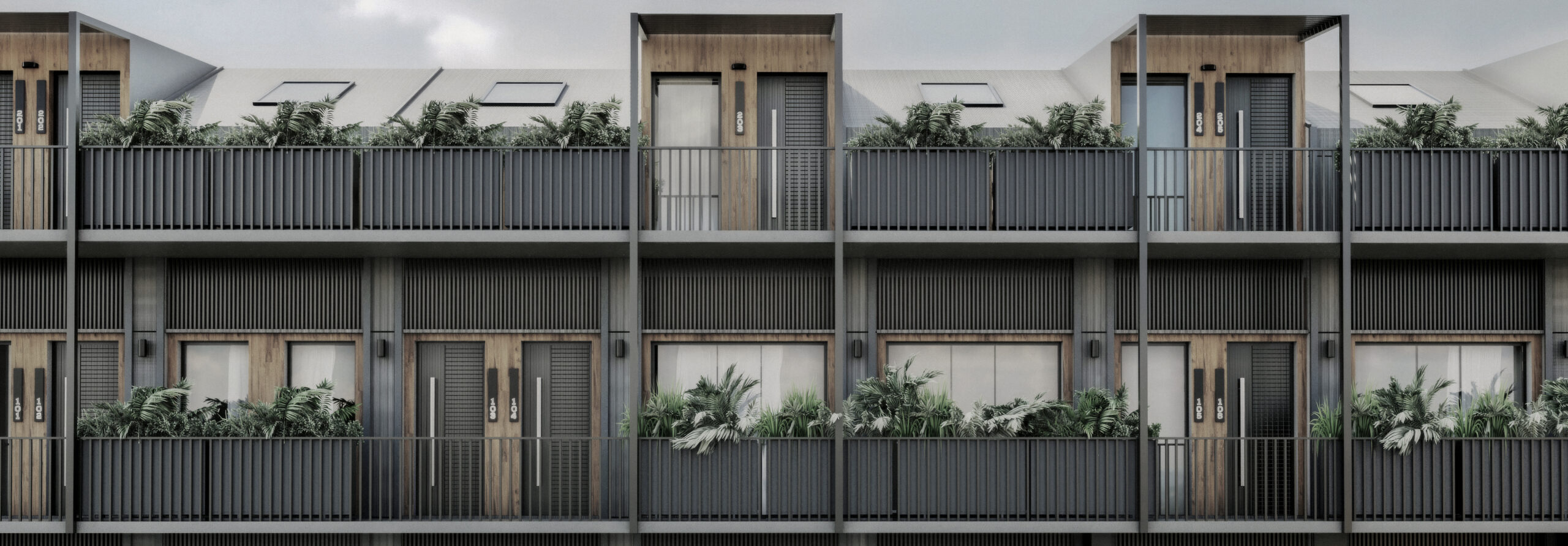 Dettaglio della facciata con balconi privati, parapetti verticali in metallo nero opaco, fioriere integrate e ritmo urbano definito. Facade detail with private balconies, vertical black matte metal railings, integrated planters and defined urban rhythm.