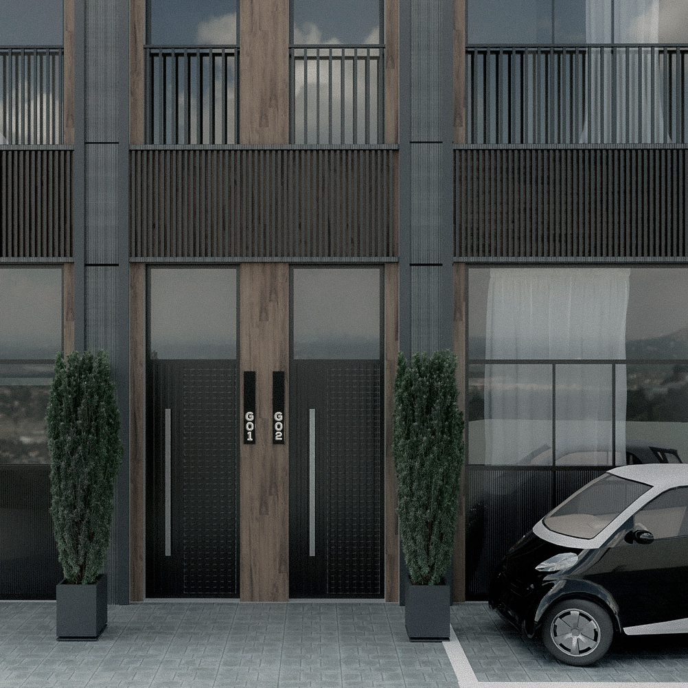 Facciata contemporanea di residenza premium a Milano, balconi in metallo nero opaco, finiture in legno naturale, ampie vetrate e composizione modulare rigorosa. Contemporary façade of a premium residential building in Milan, black matte metal balconies, natural wood finishes, large glazing and strict modular composition.