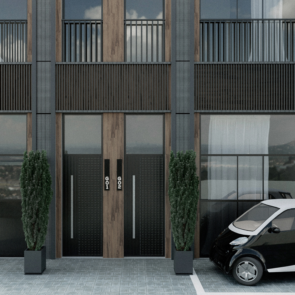 Facciata contemporanea di residenza premium a Milano, balconi in metallo nero opaco, finiture in legno naturale, ampie vetrate e composizione modulare rigorosa. Contemporary façade of a premium residential building in Milan, black matte metal balconies, natural wood finishes, large glazing and strict modular composition.