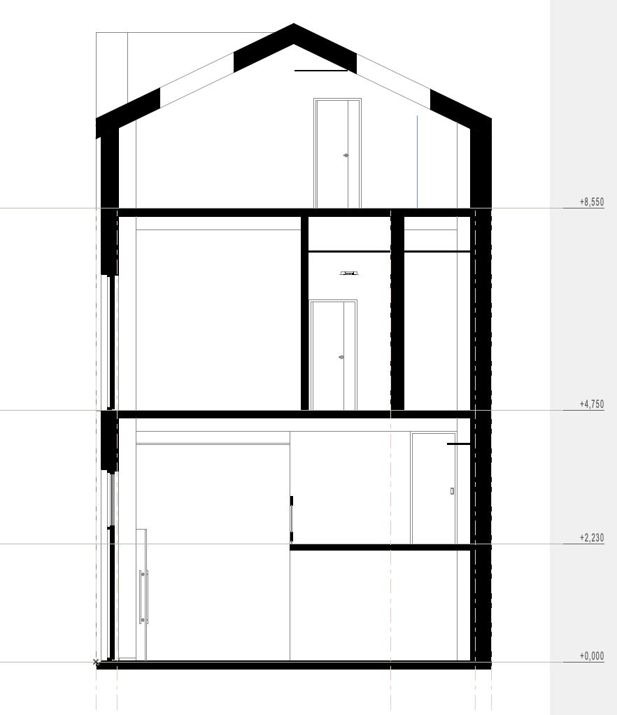 Cross section of residential conversion illustrating vertical structure and gallery access. Sezione trasversale della riconversione residenziale con struttura verticale e accesso da ballatoio.