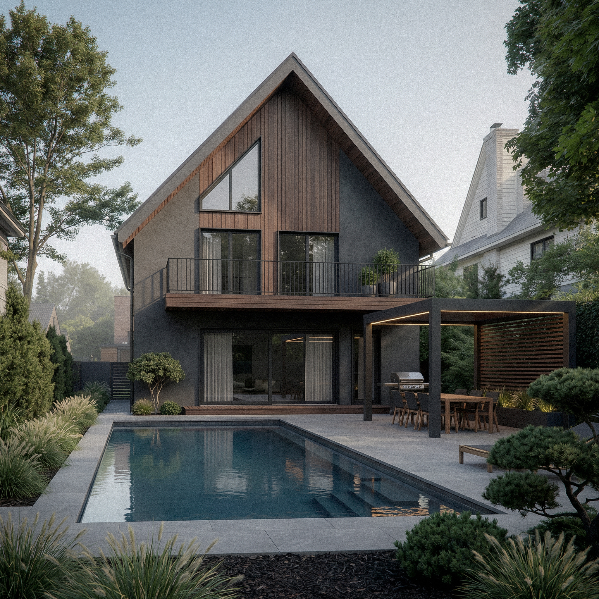 Facciata di casa privata contemporanea con tetto a doppia falda, rivestimento in legno naturale e superfici scure, ampie vetrate, terrazza e area esterna con piscina e zona pranzo coperta. Contemporary private house façade with pitched roof, natural wood cladding and dark surfaces, large glazing, terrace and outdoor area with pool and covered dining space.