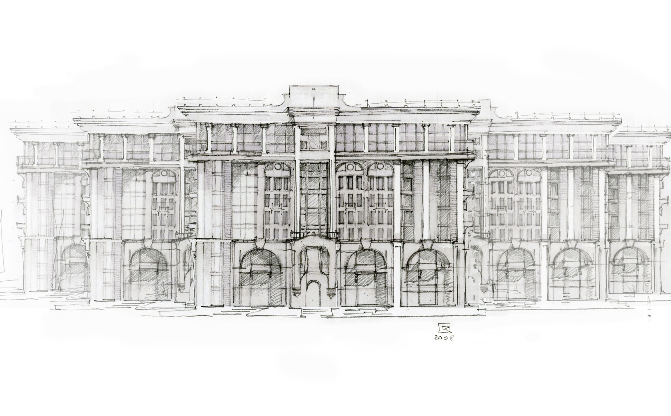 Hand-drawn study of spatial structure and facade rhythm. Studio disegnato a mano della struttura spaziale e del ritmo della facciata.