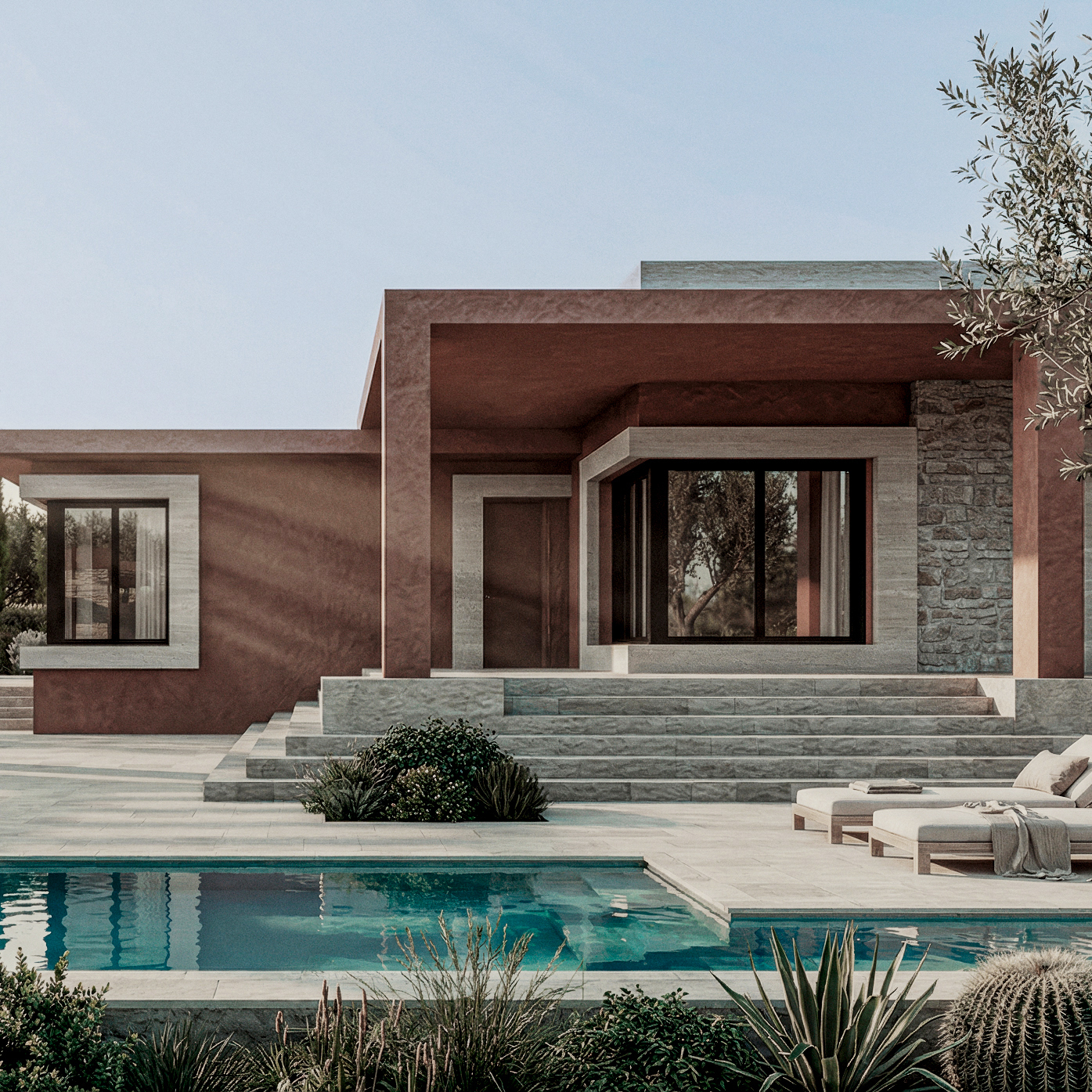 Villa contemporanea in Toscana di nuova costruzione, con volumi orizzontali, intonaco color terra e inserti in pietra naturale, pergolato e piscina integrata nel paesaggio. Contemporary new-build villa in Tuscany with horizontal volumes, earth-toned plaster and natural stone accents, pergola and pool integrated into the landscape.