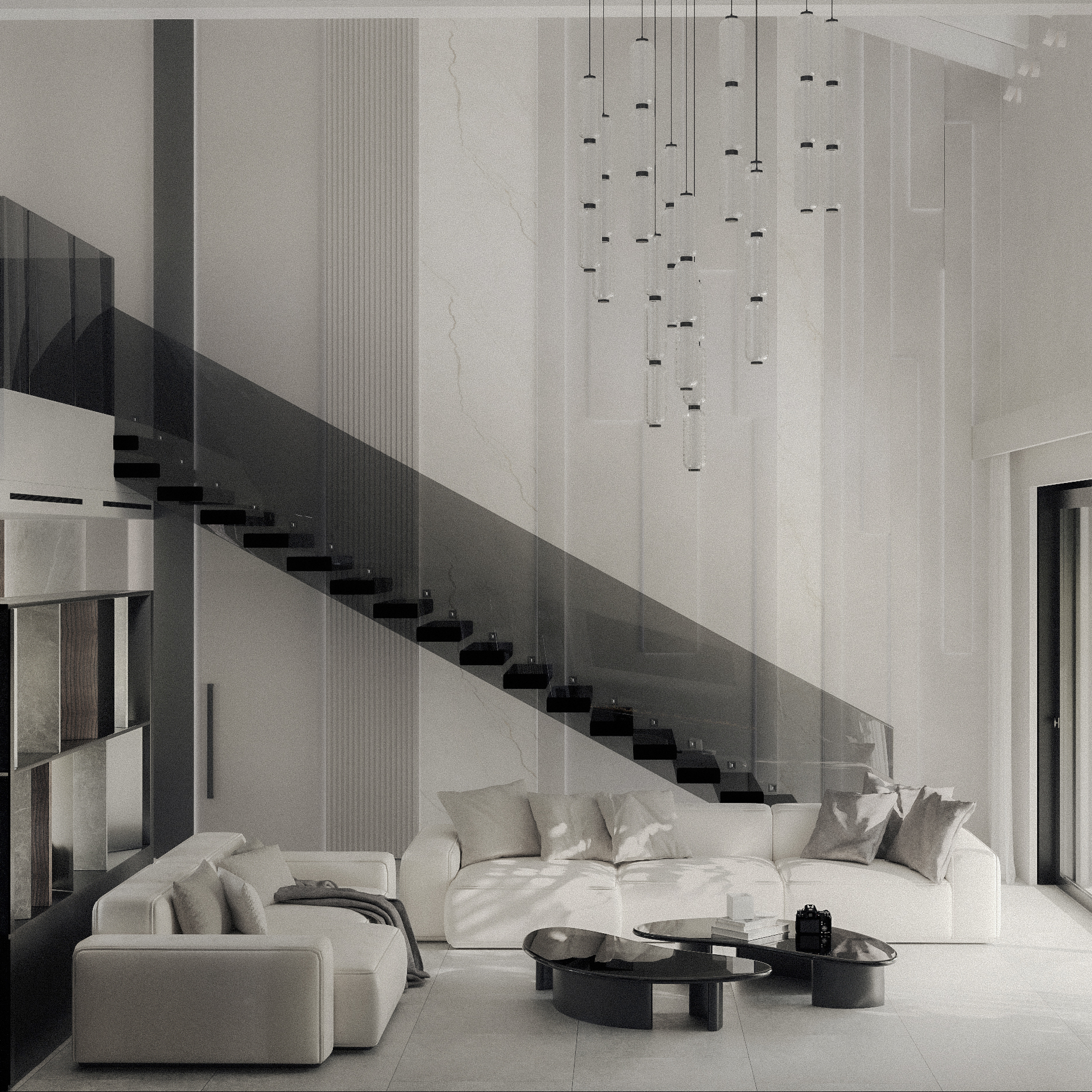 Contemporary double-height living room with matte natural wood, large-format stone and integrated lighting Suspended staircase with glass balustrade in open-plan living space Vertical stone wall detail with concealed lighting in contemporary residence