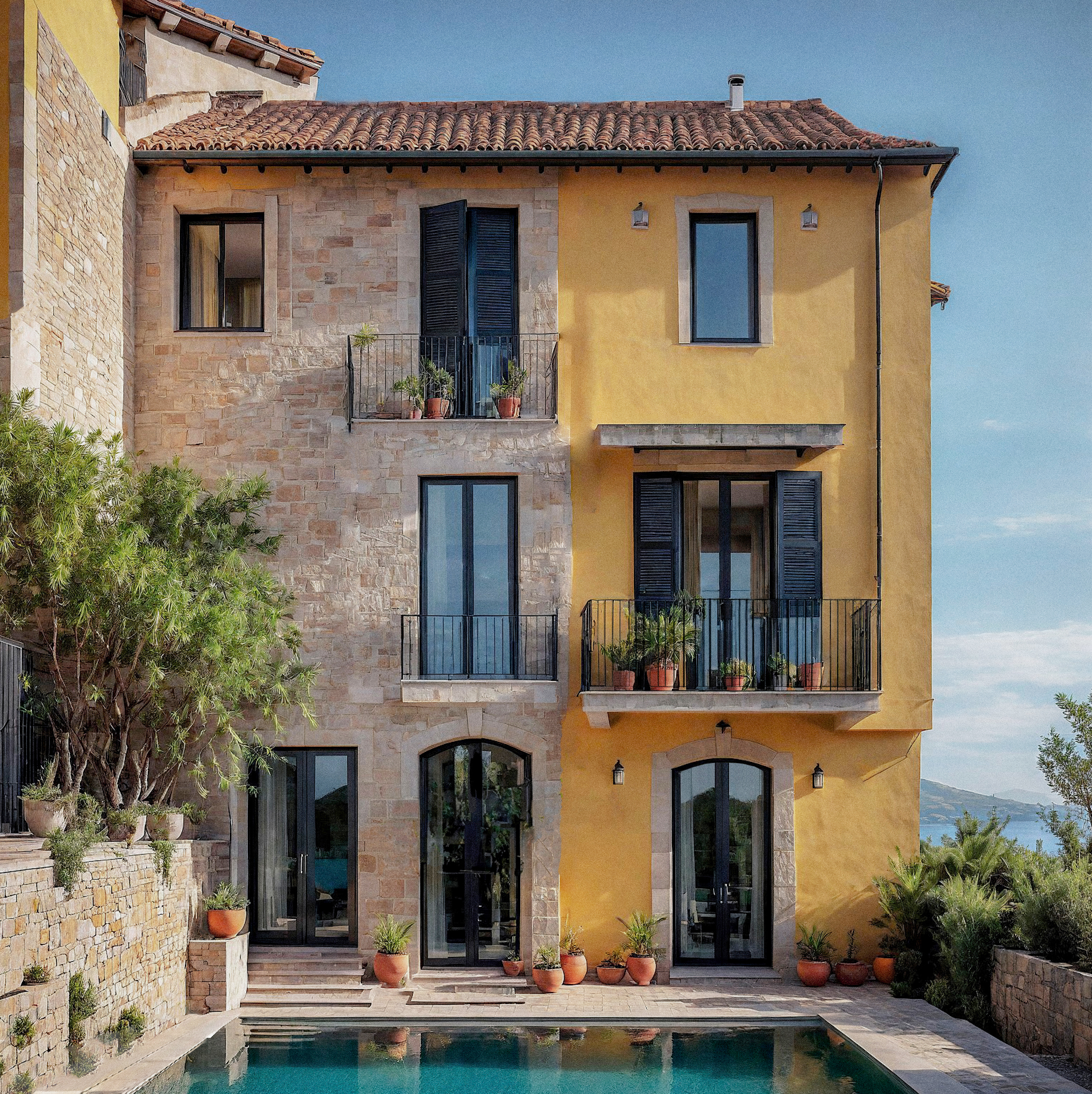 Facciata dell’edificio residenziale con cortile interno e piscina dopo la proposta di trasformazione. Residential building façade with courtyard and pool after transformation concept.