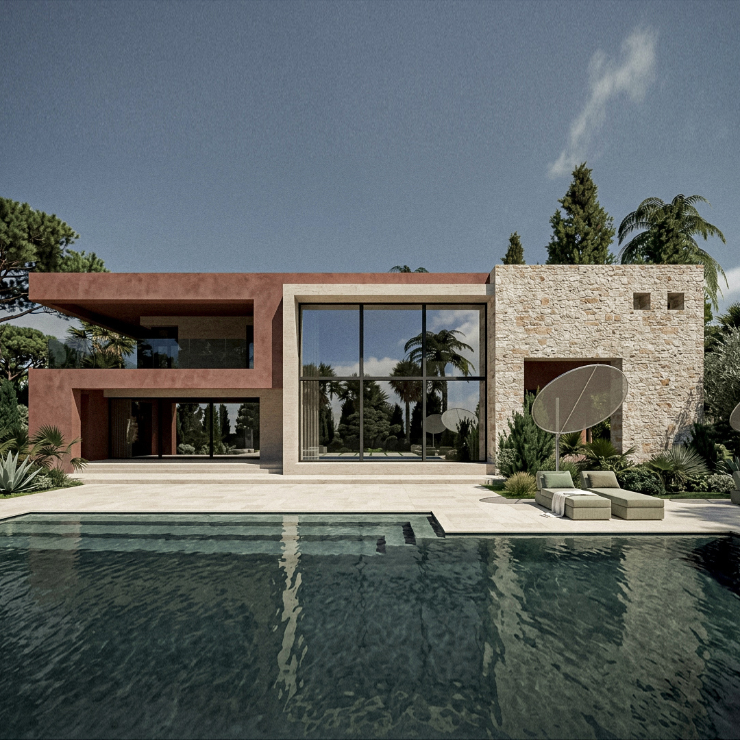 Villa contemporanea a Forte dei Marmi con piscina, giardino mediterraneo e facciate in pietra naturale. Contemporary villa in Forte dei Marmi with pool, Mediterranean garden and natural stone facades.