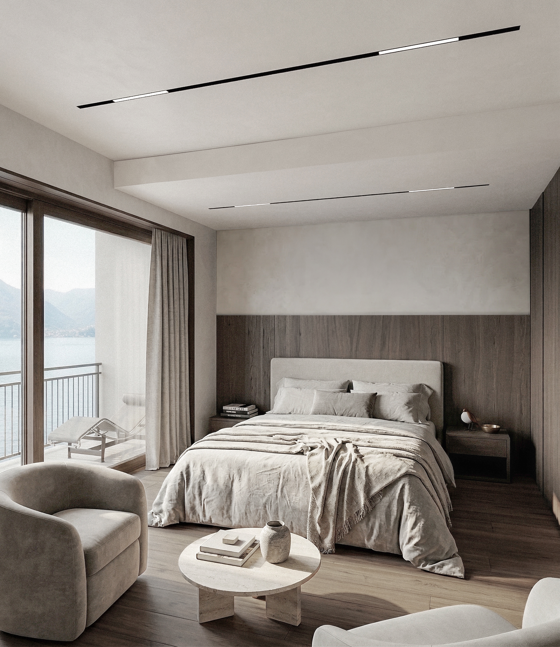 Zona notte con boiserie in legno, armadi integrati e vista verso il Lago di Lugano. Sleeping area with timber wall panelling, integrated wardrobes and views towards Lake Lugano.