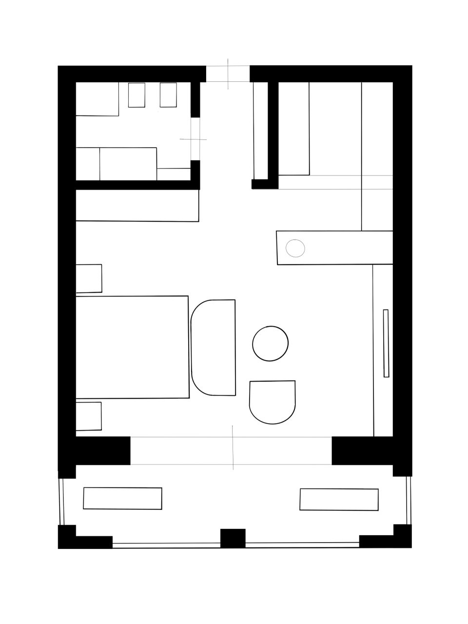 Schema dell’organizzazione proposta per l’appartamento di 50 m², con zona notte, soggiorno, cucina e bagno. Proposed spatial organisation of the 50 m² apartment, including sleeping area, living space, kitchen and bathroom.